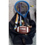 BAG WITH SPORTING EQUIPMENT, CRICKET STICKS, TENNIS RACKET, CRICKET BAT,