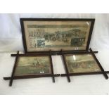 2 OAK FRAMED HUNTING PRINTS & FRAMED PRINT OF WIDDICOMBE FAIR DATED 1921