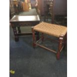 SMALL OAK COFFEE TABLE WITH TURNED LEGS & VINTAGE OAK STRUNG STOOL WITH TURNED LEGS