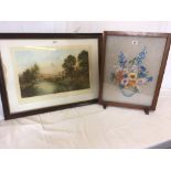 OAK FRAMED & EMBROIDERED FIRE SCREEN & OAK FRAMED LANDSCAPE PRINT TITLES ''SEPTEMBER EVE''