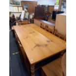 PINE FARMHOUSE STYLE REFECTORY TABLE WITH TURNED LEGS, 7ft X 39'' WITH 6 MATCHING PINE DINING