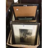 A BOX OF ASSORTED OIL PAINTINGS, WATERCOLOURS AND ANTIQUE ENGRAVINGS ETC.