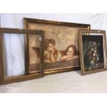 GILT FRAMED OIL PAINTING OF STILL LIFE FLOWERS& LARGE FRAMED PRINT OF ANGELS, 40'' X 30'' &