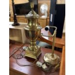 LARGE BRASS URN SHAPED TABLE LAMP, NO SHADE & ANOTHER BRASS TABLE LAMP, NO SHADE