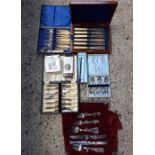 CARTON OF MISC BOXED TEA SPOONS, BOXED KNIFE SETS, BOX SET OF FISH KNIVES,