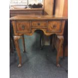 WALNUT & FLAME MAHOGANY LADIES DESK WITH 3 DRAWERS & CABRIOLE LEGS WITH PAD FEET, 26'' WIDE