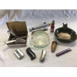 CIGARETTE BOX, 12 NOVELTY LIGHTERS, 1 CIGAR, 2 CIGAR TUBES & 2 ADVERTISING TRAYS