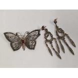 SILVER BUTTERFLY & PAIR OF EARRINGS WITH MARCAITES
