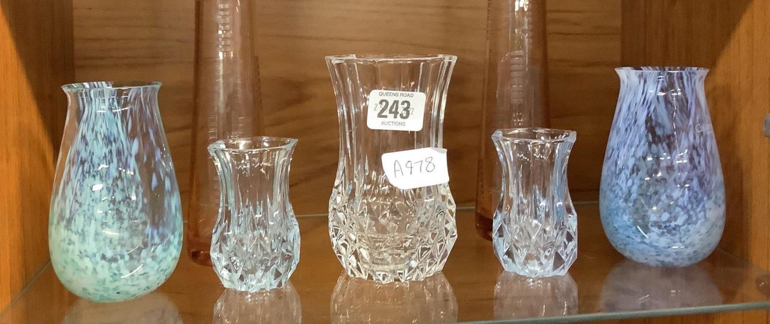 SHELF OF 7 SMALL CUT GLASS VASES ETC