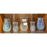 SHELF OF 7 SMALL CUT GLASS VASES ETC