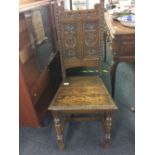 HIGH BACKED GOTHIC STYLE DINING OR HALL CHAIR WITH TURNED LEGS