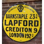 SUPERB ENAMEL AA MILEAGE SIGN BARNSTAPLE, LAPFORD, CREDITON, LONDON, CIRCULAR WITH 36" DIAMETER,