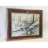 F/G WATERCOLOUR OF WINTER SCENE WITH 2 PHEASANTS SIGNED M McLEAN 1988