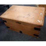 SMALL PINE STORAGE BOX WITH HINGED LID & IRON BANDING