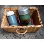 MODERN WICKER BASKET WITH 2 VINTAGE THERMOS FLASKS