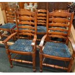 SET OF POLISHED OAK & UPHOLSTERED LADDER BACK DINING CHAIR, (4 PLUS 2 CARVERS)