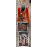 CRATE CONTAINING WICKER CARPET BEATER, SEQUINNED PICTURES, BRASS DUST SCOOP & BRUSH, COAL TONGS,