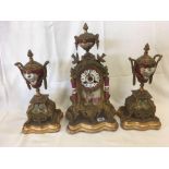 HIGHLY DECORATIVE BRASS & PAINTED ENAMEL GARNITURE DE CHEMINEE FRENCH CLOCK SET WITH URNS, SWAGS &