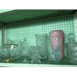 PAIR OF MATCHING CUT GLASS DECANTERS, VARIOUS VASES, BOWLS ETC