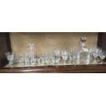 SHELF OF VARIOUS GLASSES & A DECANTER