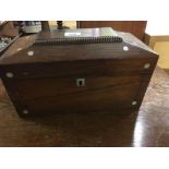 VICTORIAN TEA CADDY WITH INLAID M.O.P & BRASS BANDING, NO MIXING BOWL