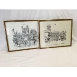 2 FRAMED PEN & INK STYLE PRINTS BY R DOWNER OF EXETER CATHEDRAL & STEPCOTE HILL
