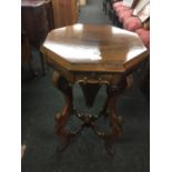 VICTORIAN ROSEWOOD OCTAGONAL NEEDLEWORK BOX ON CARVED & TURNED LEGS