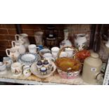 SHELF WITH GRADUATED SET OF BOVEY POTTERY, BOTANIC GARDEN VASES, MUGS, GLASS CAKES, CAKE BASKET &