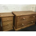 MODERN PINE CHEST OF 4 SHORT DRAWERS, 50'' WIDE WITH MATCHING BEDSIDE CHEST OF 3 DRAWERS