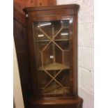 MODERN REPRODUCTION YEW WOOD CORNER DISPLAY UNIT WITH CUPBOARD & PART GLAZED TO FRONT