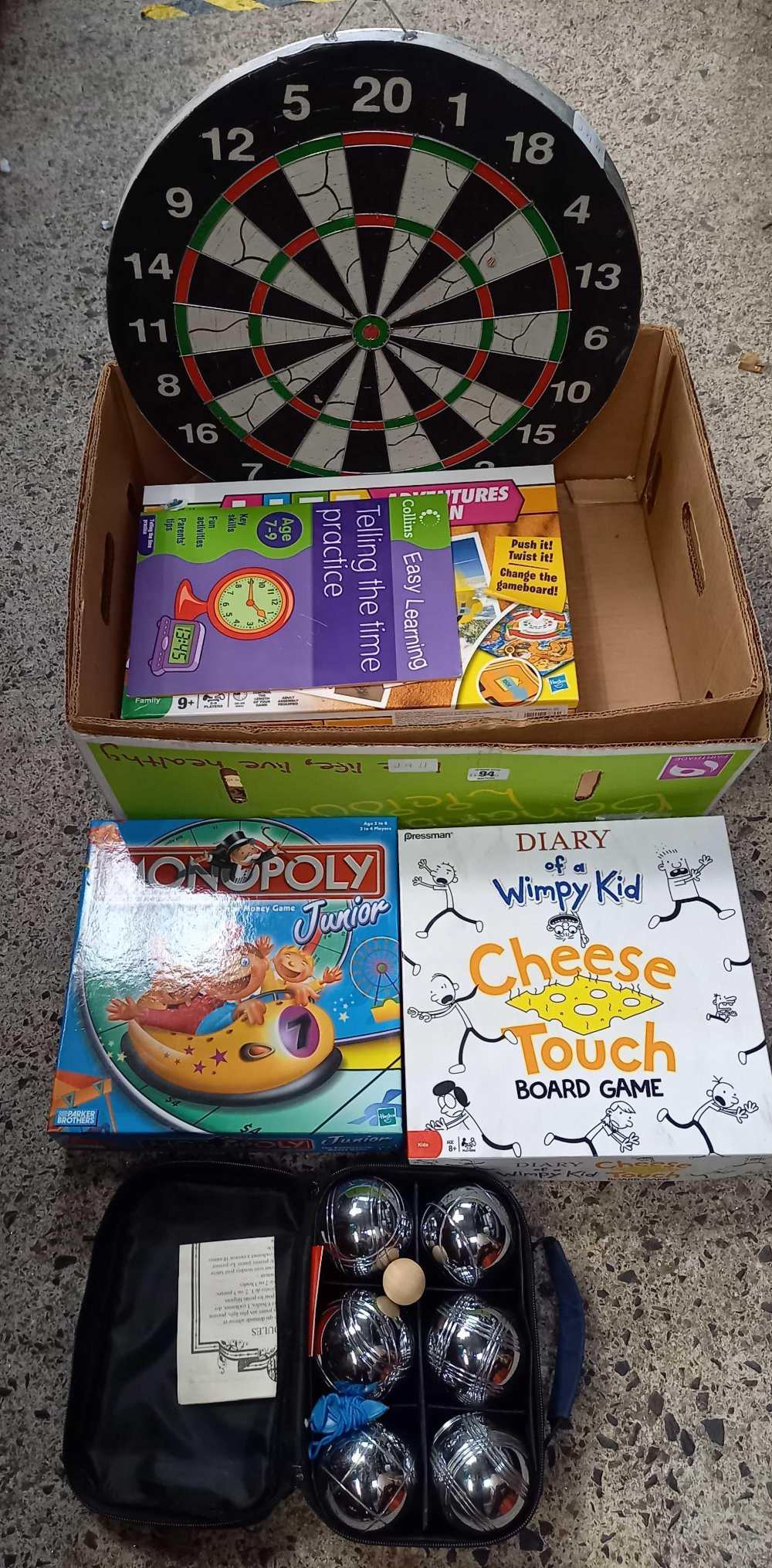 CARTON WITH CHILDREN'S GAMES MONOPOLY, WHIMPY KID,