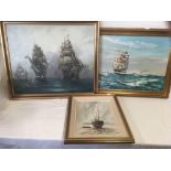 3 GILT FRAMED PAINTINGS OF SAILING SHIPS