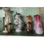 3 DECORATIVE GLASS JUGS, 2 ELEPHANT ORNAMENTS, LARGE FRANKLIN PORCELAIN WINE JUG ETC