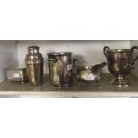 SILVER PLATE CHRISTOFLE BOX, COCKTAIL SHAKER, LARGE SAUCE BOAT, TROPHY CUP & BOTTLE HOLDER