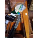 WOODEN TRAY, A WOOD & GLASS WASH BOARD, FOLDING TABLE, SQUASH RACKETS,