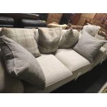 3 SEATER SETTEE WITH MATCHING ARMCHAIR WITH CUSHIONS, MANUFACTURED 2021 WITH 2 FOOT RESTS, 1 BEING