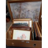 CARTON OF VARIOUS F/G PICTURES & 1 LARGE WINTER SCENE
