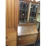 PERIOD GLAZED BOOKCASE ON DROP FRONT BUREAU WITH 2 DRAWERS