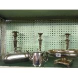 3 STYLISH PLATED CANDLESTICKS, PLATED FRUIT BOWL, TUREEN & TEAPOT