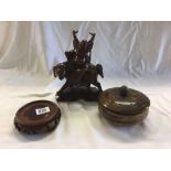 ORIENTAL WOODED LIDDED BOWL, SMALL STAND & AN ORIENTAL FIGURE ON A MYTHICAL ANIMAL OR DOG