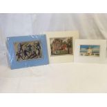 THREE UNFRAMED WATERCOLOURS: ONE, A HOUSE AND GARDENS BY ALBERT GREIG, A NORMAN BATTLE BY MABEL