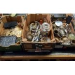 3 CARTONS OF MIXED METALWARE & INCL; BRASS, CAKE ICING SET, ROLLS RAZOR,