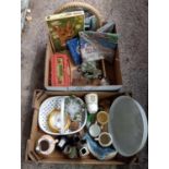 2 CARTONS OF MIXED CHINA, JIGSAW PUZZLE, ROUND CONVEX MIRROR, A/F ROBERTS RADIO, PIZZA PLATE,