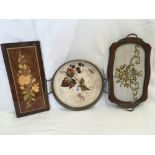 ROUND GALLERY TRAY WITH 2 HANDLES, AN INLAID WALL PANEL & WOOD/GLASS TRAY WITH SILK EMBROIDERY