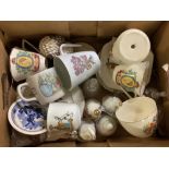 CARTON OF GLASS & CERAMIC BELLS, COMMEMORATIVE CUPS, MUGS ETC