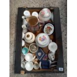 CARTON WITH MISC CHINA INCL; CUPS, MUGS, SMALL VASES,