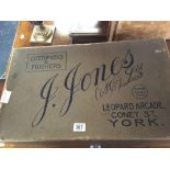 OLD CARDBOARD BOX BY J JONES LIMITED OF YORK WITH NET CURTAINS, TABLES CLOTHS ETC
