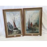 PAIR OF SMALL FRAMED OILS ON BOARD OF MARITIME SCENES WITH BOATS, FISHERMAN, WINDMILLS ETC.