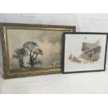 LARGE GILT FRAMED OIL ON BOARD OF A FARMER PLOUGHING & LIMITED EDITION PRINT OF A FARMYARD