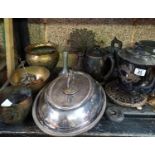 SHELF WITH MISC PLATED CANDLESTICKS, TUREENS, BRASS VASES,